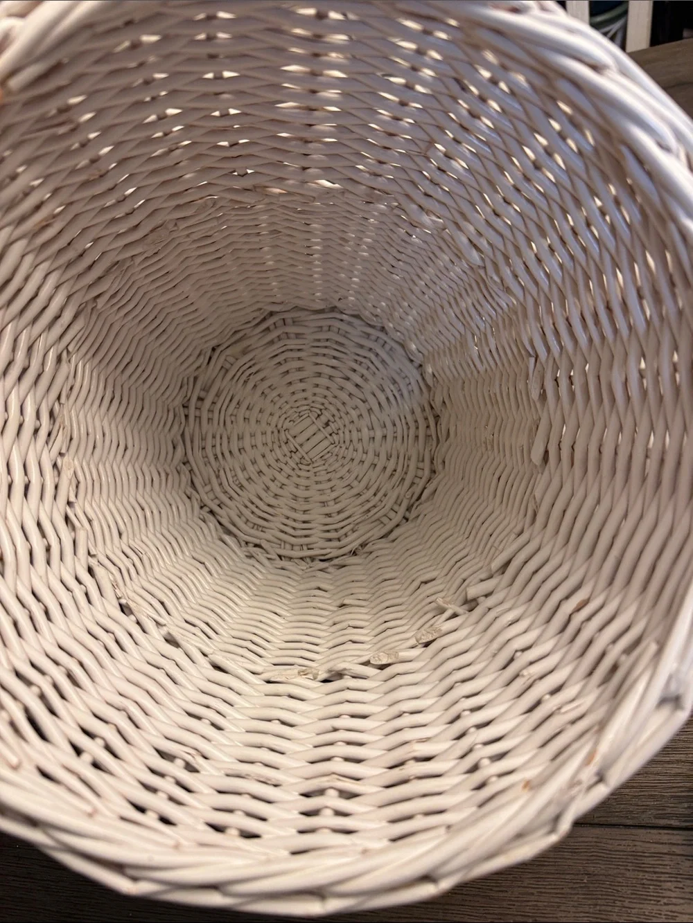 Vintage BOHO Cottage White Wicker Woven Beach Trash Basket / Wastebasket